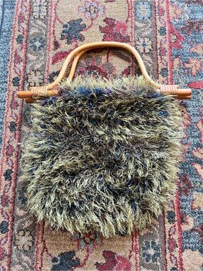 Faux Fur Knit Bag with Wood Handles